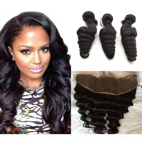 

peruvian hair bundles with lace frontal closure human hair extensions 3pcs peruvian loose wave hair with 13x4 closures, Black