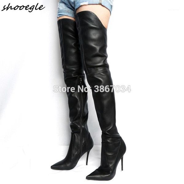 

shooegle motorcycle boots women black leather over-the-knee booties zapatos mujer back cross tied thigh high boots zip shoes1