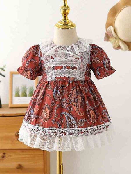 

baby paisley print contrast lace puff sleeve ruffle trim bow dress she, Red;yellow