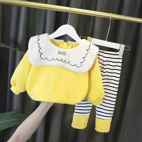 

autumn winter new baby girls clothing sets toddler infant plush clothes stripe pants children kids costume, White