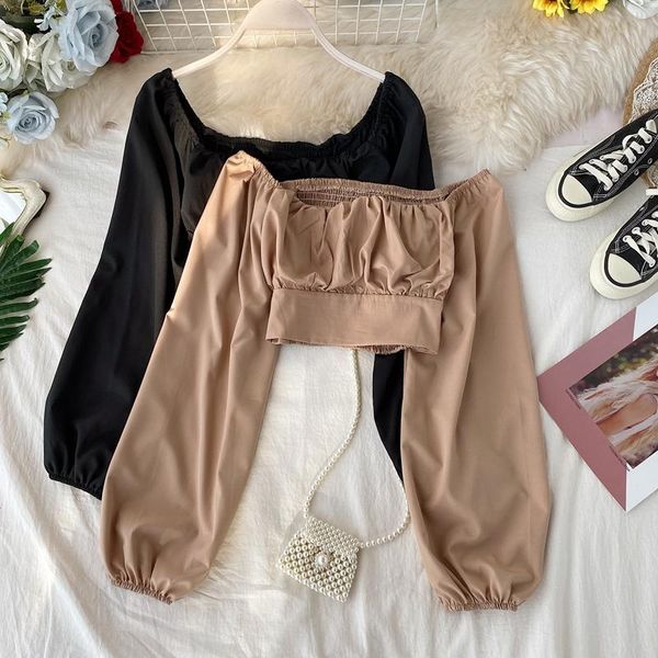 

spring autumn women's blouse french retro square collar solid color short new navel stretch waist thinning shirts ll948, White