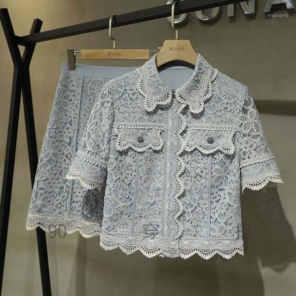 

2020 summer elegant lace two piece set women sweet hollow out shirt + high waist a-line hook flower sweet skirt set1, Gray