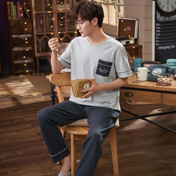 

spring summer cotton men pajamas set casual o-neck short sleeve sleepwear for men loose casual nightwear plus size 5xl homewear1, Black;brown
