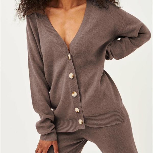 

mvgirlru women's knitting suit long sleeve single breasted cardigan+trousers two-piece custome, Gray