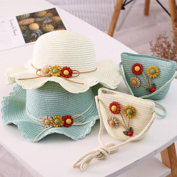 

wide brim hats two piece set child baby sun flower panama cap and handbags outdoor princess girl kids straw hat uv protection caps bags, Blue;gray