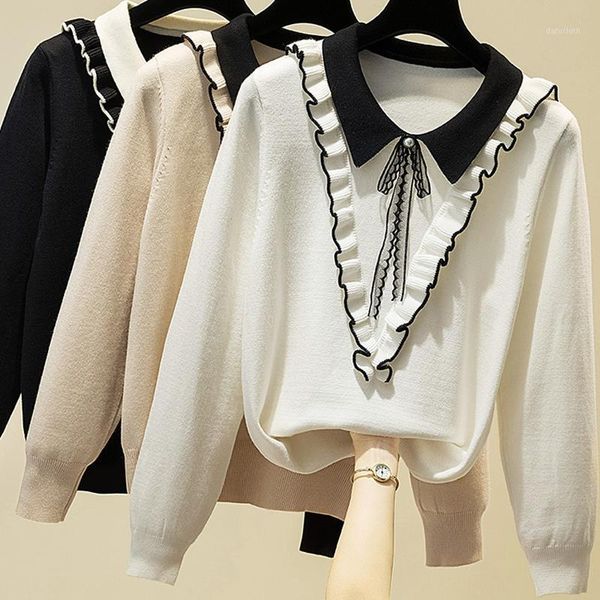 

ljsxls sueter mujer invierno 2020 autumn long sleeve sweater women ruffles bow knitted sweaters winter pullovers pull femme1, White;black