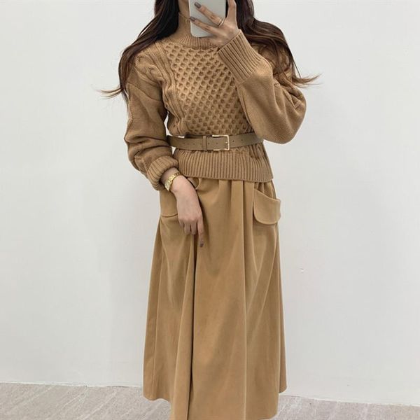

korean style retro turtleneck sweater stitching fake two-piece knitted long dress with belt long sleeve high waist ladies dress, Black;gray