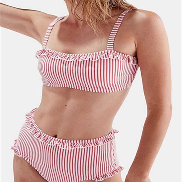 

two pieces women's striped ruffles bikini set push-up high waist bandage swimsuit swimwear bathing suit beachwear, White;black