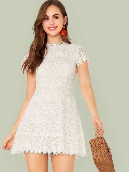

solid zip back fit and flare lace dress she, Black;gray