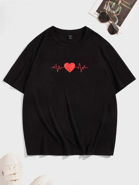 

men heart print drop shoulder t-shirt v2dt#, White;black
