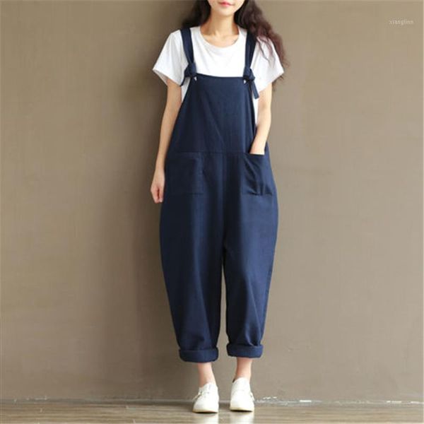

casual cotton linen women jumpsuits full length loose plus size new autumn black blue coffee strap pocket rompers1, Black;white