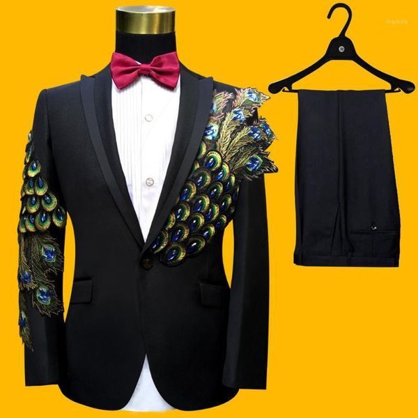 

2pcs mens bridal wedding formal suit sets rhinestones peacock sequins costume blazer pants business 18 styles plus size s-4xl1, White;black