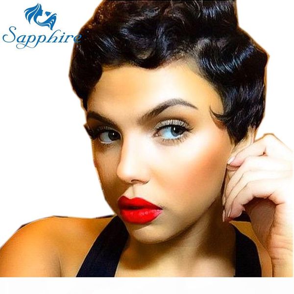 

short pixie human sapphire pixie cut wig short wavy hair bob lace front human hair wig short bob wig, Black