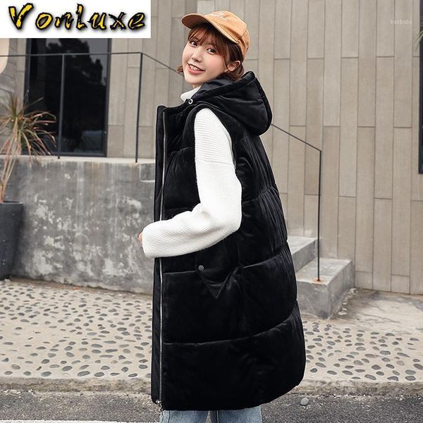 

2021 long woman cotton elegant fashion slim autumn winter thicken warm sleeveless hooded jacket vest coat waistcoat outwear1, Black;white