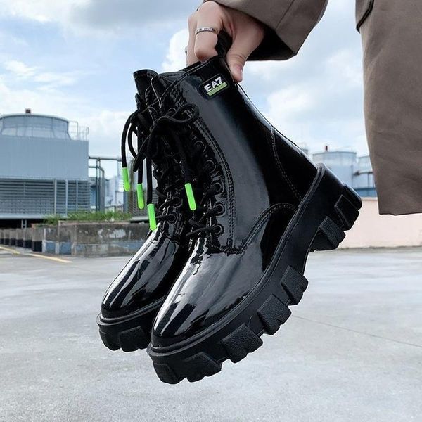 

2020 new fashion european style black ankle boots flats round toe black lace-up boots woman platform patent leather shoes
