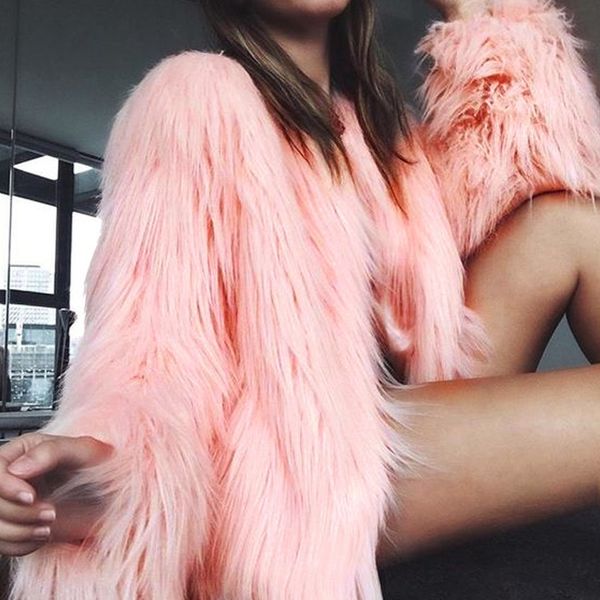 

fashion furry faux fur women fluffy warm long sleeve female outerwear autumn winter coat jacket hairy collarless overcoat t200506, Black