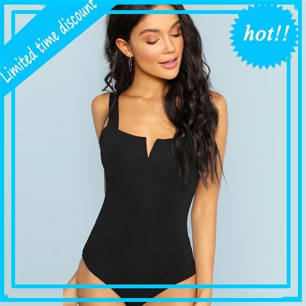 

2021 black v-cut front bodysuit straps plain skinny sleeveless women autumn stretchy minimalist bodysuits, Black;white