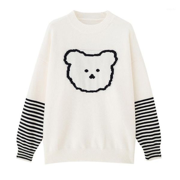 

cartoon bear sweater women loose outer wear 2020 autumn and winter new lazy sweet fashion all match pullover knitted c2891, White;black