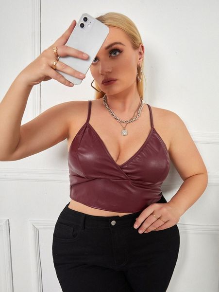 

plus criss cross back pu leather cami d55s#, Black