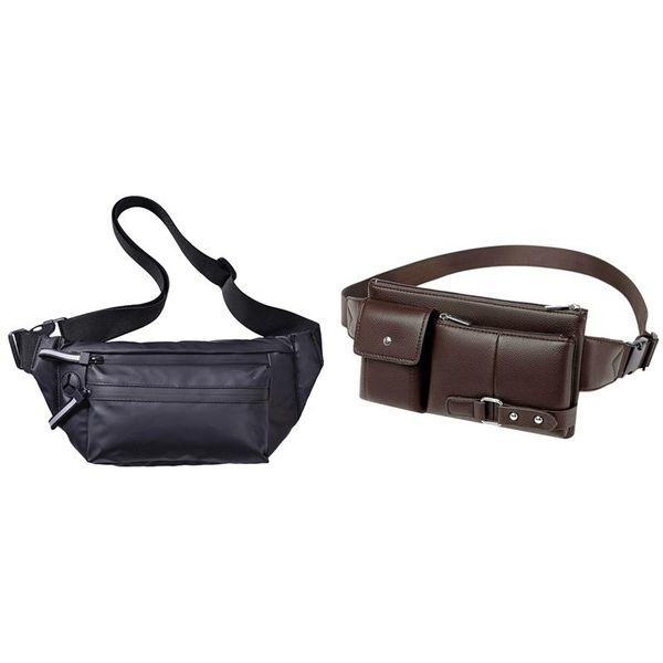 

outdoor bags 2 pcs waterproof men's waist bag leather wallet chest belt sports bag, brown & black