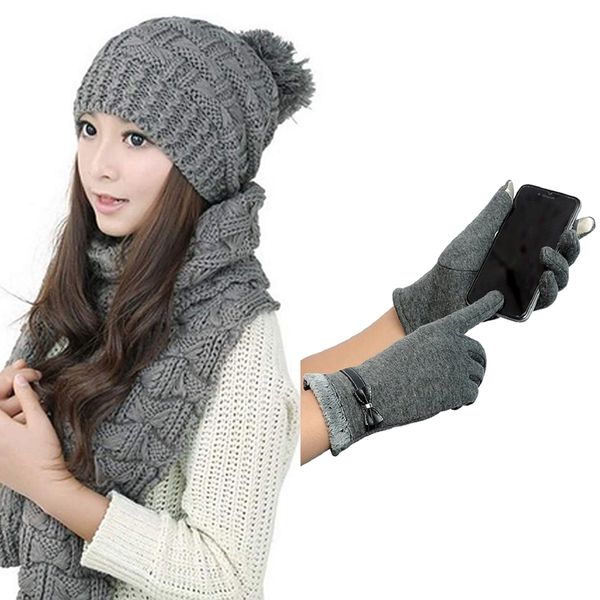 

1pcs women's winter knitted scarf and hat set thicken skullcaps & 1 pair press gloves winter warm gloves mittens for press s, Blue;gray