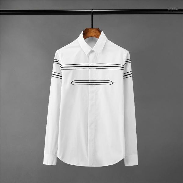 

new solid color mens shirts luxury long sleeve stripe embroidery casual mens dress shirts fashion slim fit party man1, White;black