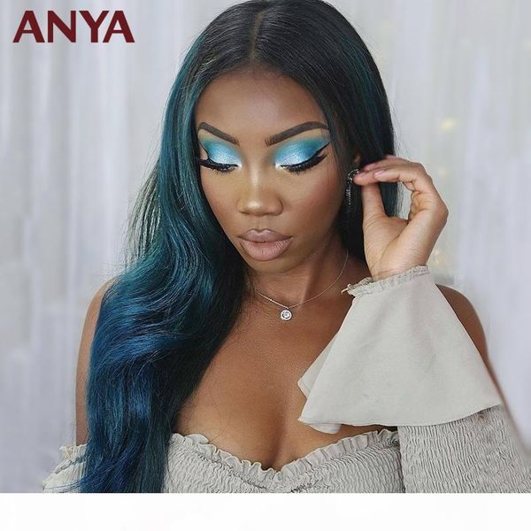 

anya peacock blue colored lace front wig pre plucked body wave human hair wigs transparent lace 30inch malaysia hair for women, Black;brown