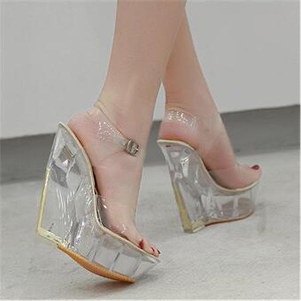 

sandals 15 cm high-heeled korean style slope fashion women catwalk pole dancing shoes crystal sole design transparent pumps, Black