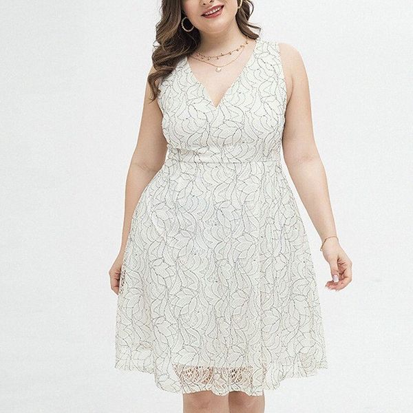

women's plus size a line dress solid color v neck lace sleeveless summer work casual knee length dress causal daily dress o5d1#, Black