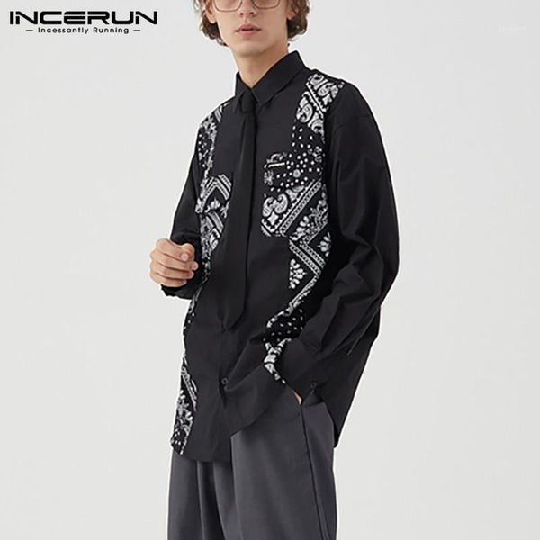 

spring men turn down collar loose floral blouse incerun mens patchwork shirts fashion printed long sleeve camisa streetwear 5xl1, White;black
