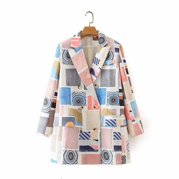 

2021 new american style leisure simple fashion space printing medium length suit women's autumn and winter double breasted coat szyq, Black;brown