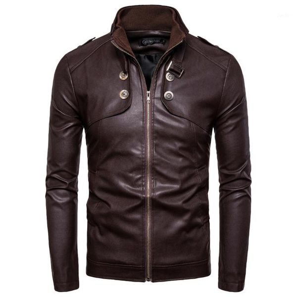 

zipper leather jacket men's autumn winter retro solid long sleeved stand collar jackets coat jaqueta1, Black;brown