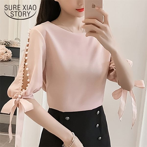 

new 2020 summer pearl sleeve loose women blouses shirt white shirt korean chiffon shirt small fresh female blusas lj200831