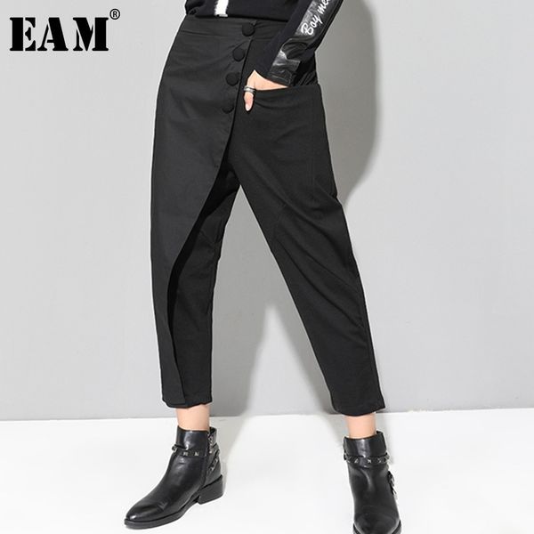 

eam] 2020 new spring black loose high waist flat elastic waist women fashion tide wide leg ankle-length pants oa870 1017, Black;white