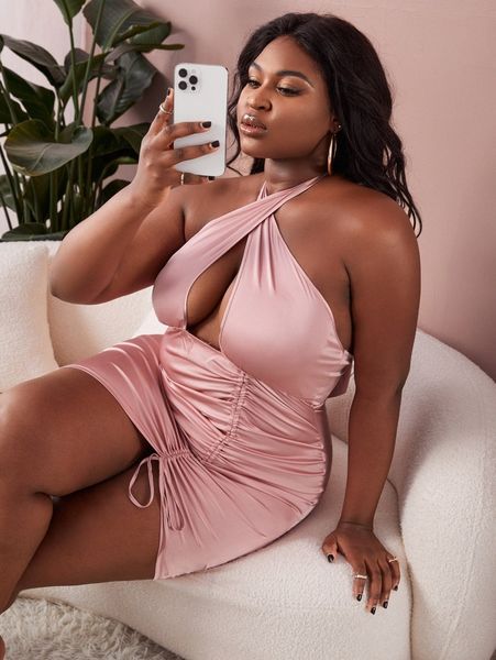 

sxy plus cross halter drawstring ruched satin bodycon dress 65nw#, Black