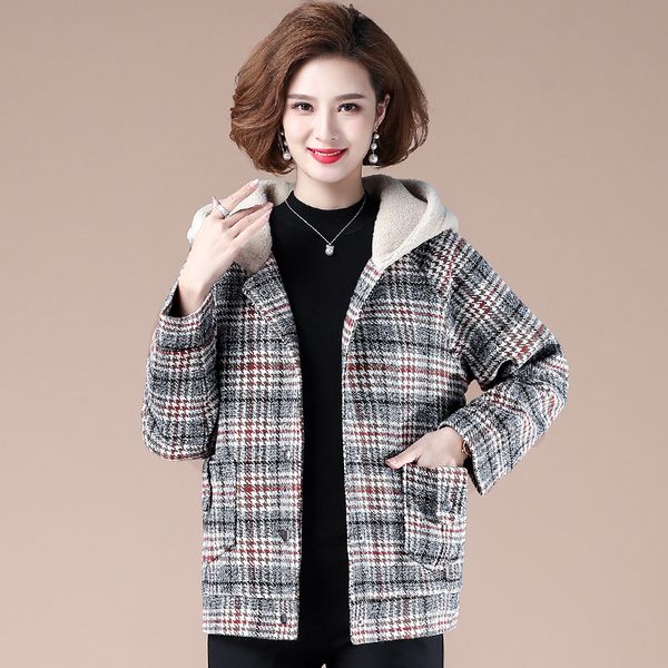 

2021 new new winter women short thick hooded jacket large -5xl woolen coats middle-aged women's plus plush classic plaid warm qjps, Black