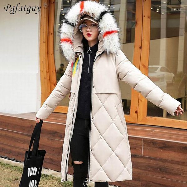

2018 colorful big fur hooded warm coat beige black down cotton padded zipper pocket print jacket female long parkas1