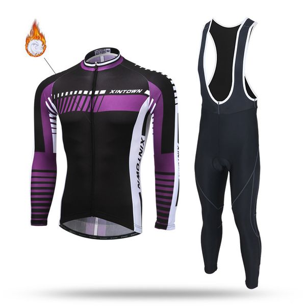 

pro team cycling jersey winter thermal fleece men long sleeve bicycle jersey set sport mountain bike cycling suit bib pants set, Black;blue