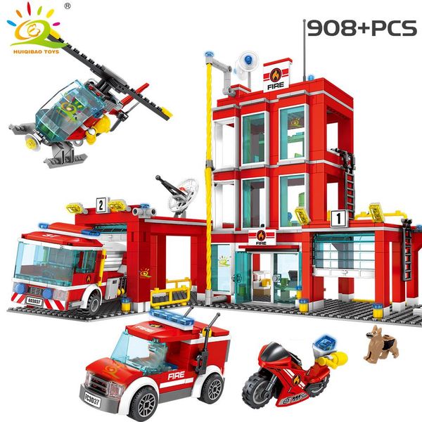 

huiqibao fire station building blocks city truck helicopter boat car firefighter bricks educational children toys sqcsqv pingtoy
