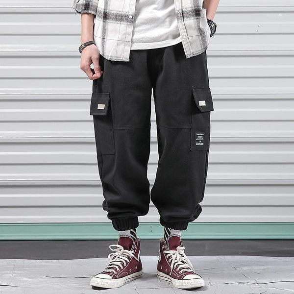 

men multi-pocket elastic waist design harem pants casual trousers joggers male cargo pants street punk loose hip hop black 5xl1