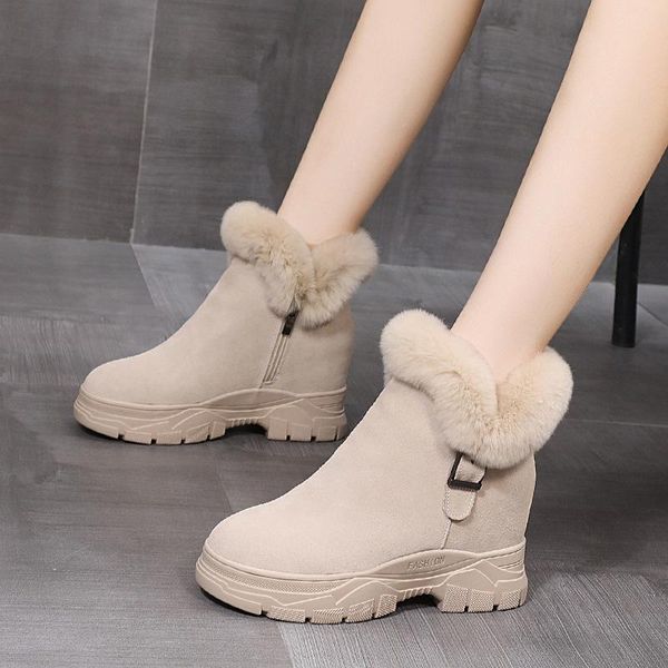 

women ankle boots genuine leather buckle snow boots height increasing martin thick fur winter shoes for women, Black
