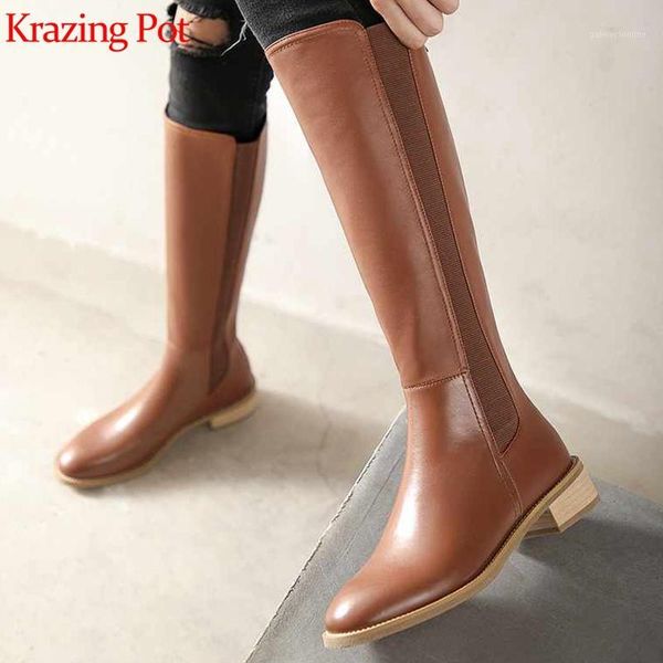 

krazing pot round toe cow leather keep warm long boots thick med heel modern zipper riding thigh high boots l8f11, Black
