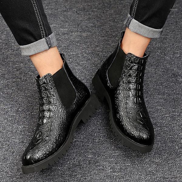 

plus size men's casual breathable cow leather boots party nightclub dresses slip on platform shoes outdoor ankle boot1, Black