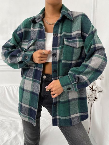 

plaid print drop shoulder blouse o13c#, White