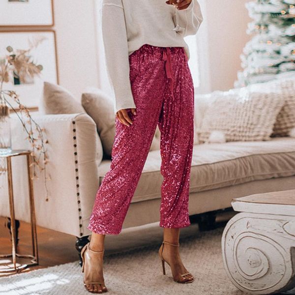 

gentle ladies sequin stretch trouser drawstring loose high waist slacks girls party streetwear women gold pants women's trousers1, Black;white