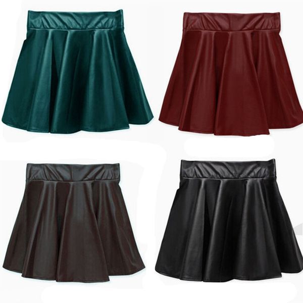 

fashion ladies imitation high waist pleated solid color casual bottom street small leather skirt y1214, Black