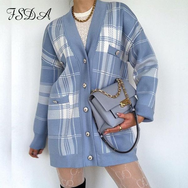 

fsda women 2020 long sleeve cardigan sweater v neck loose knitted autumn winter patchwork blue casual oversized jumper1, White
