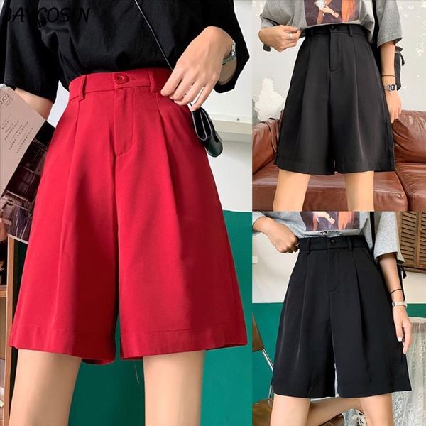 

women western trousers summer solid zipper button high waist shorts elegant loose pleated officcewear wide leg shorts, White;black