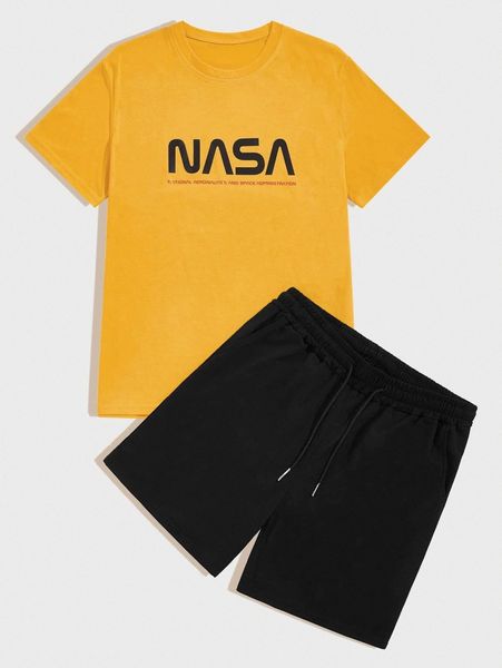 

men letter graphic tee & track shorts m3qg#, Gray