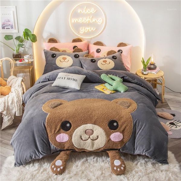 

cute cartoon bear panda koala embroidery winter velvet fleece child bedding set duvet cover bed linen/sheet pillowcases1